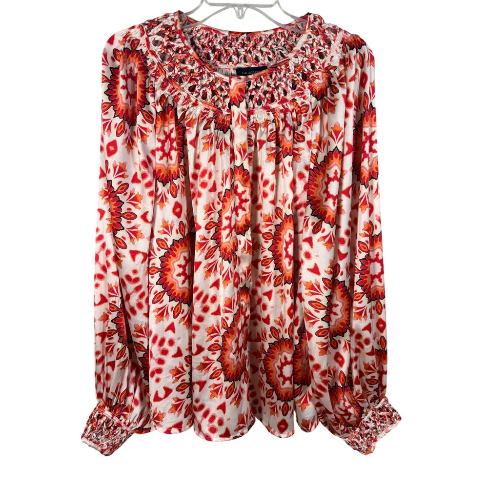 Calligraphie Blouse Womens XL Orange Red Excellent Boho Crochet Medallion Top
